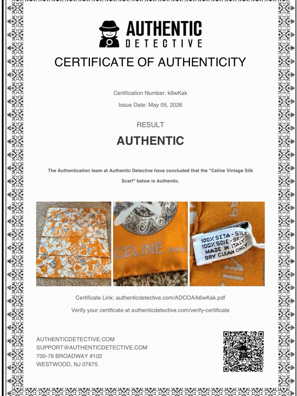 Celine Silk Scarf Orange & White Print with COA - Picture 2 of 8